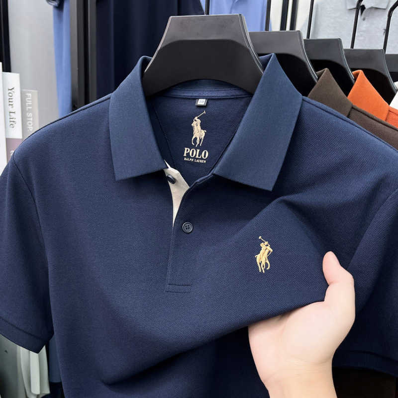 Silk Modal CottonMens Summer Turn-down Collar Polo Shirt with Pony Logo Casual Short Sleeve T-shirt