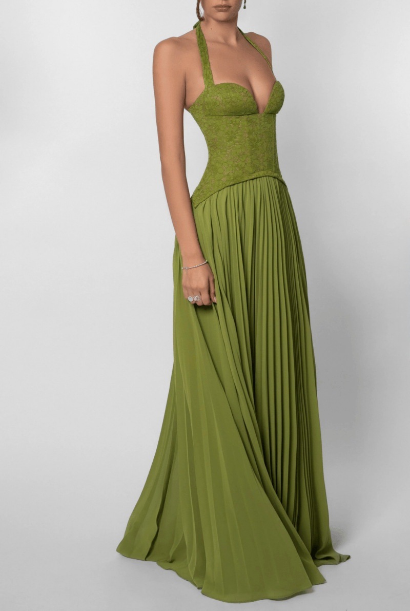 Casual Dresses Green Fishbone Corset Halter Maxi Dress Women Backless Off Shoulder Pleated Patchwork Slim Lady Christmas Party Gown