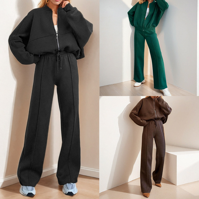 Womens solid color long sleeve cropped sweatshirt and drawstring waist sweatpants ladies hoodie set for winter womens clothing 251204