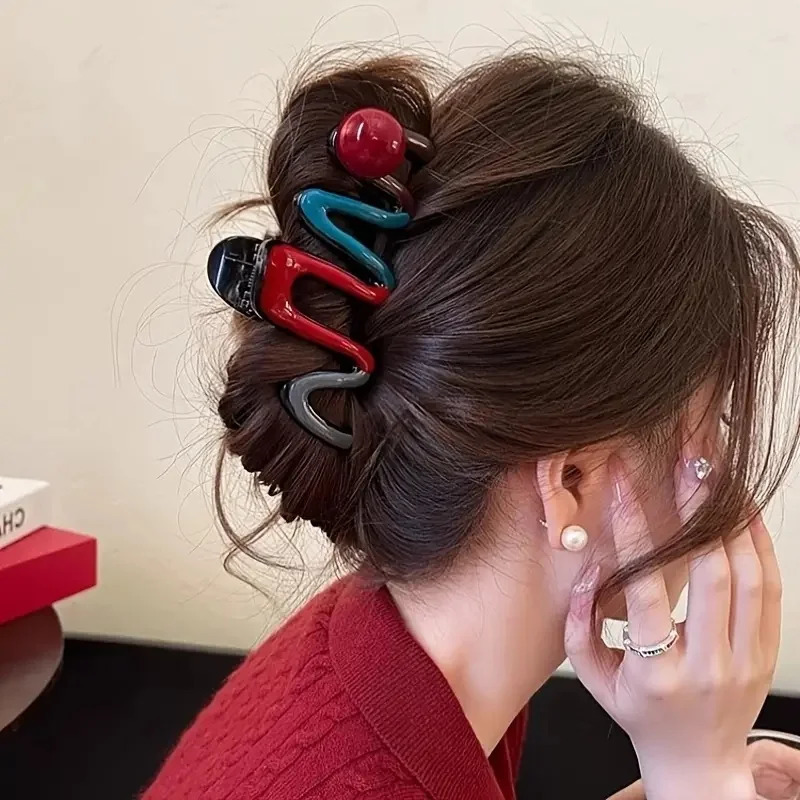 4Pcs Elegant Large Hair Claw Clips for Women Chic Wavy n with Color Accents Non-Slip Shark Clips Head Hair Accessories260528BJ - view 4