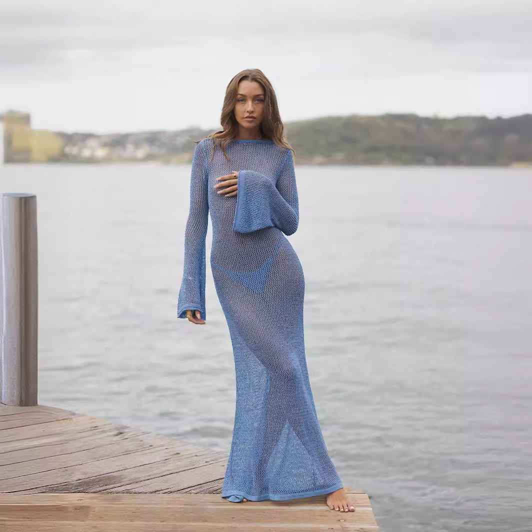 Womens summer new knitted long sleeved backless sexy perspective floor long dress 250313