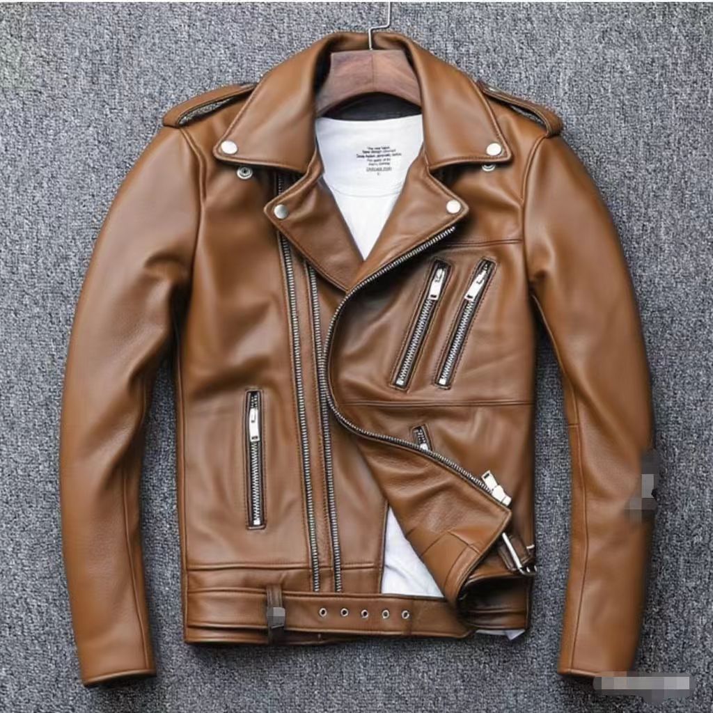 Spring Classical Motorcycle oblique zipper Jackets Men Leather Jacket Natural Calf Skin Thick Slim Cowhide Moto Jacket man 250922