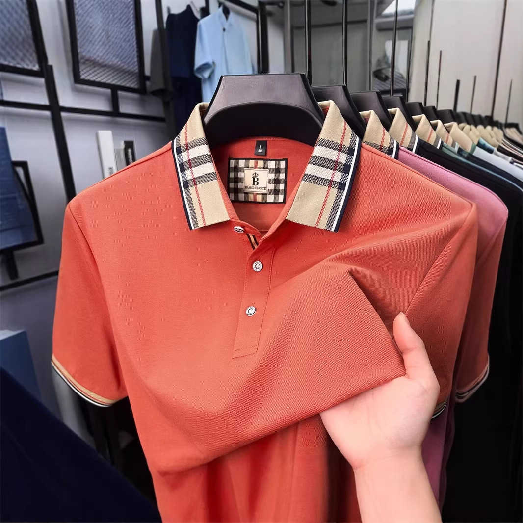 Summer plaid business casual mens polo shirt with a turn-down collar fashionable simple versatile breathable and comfortable top