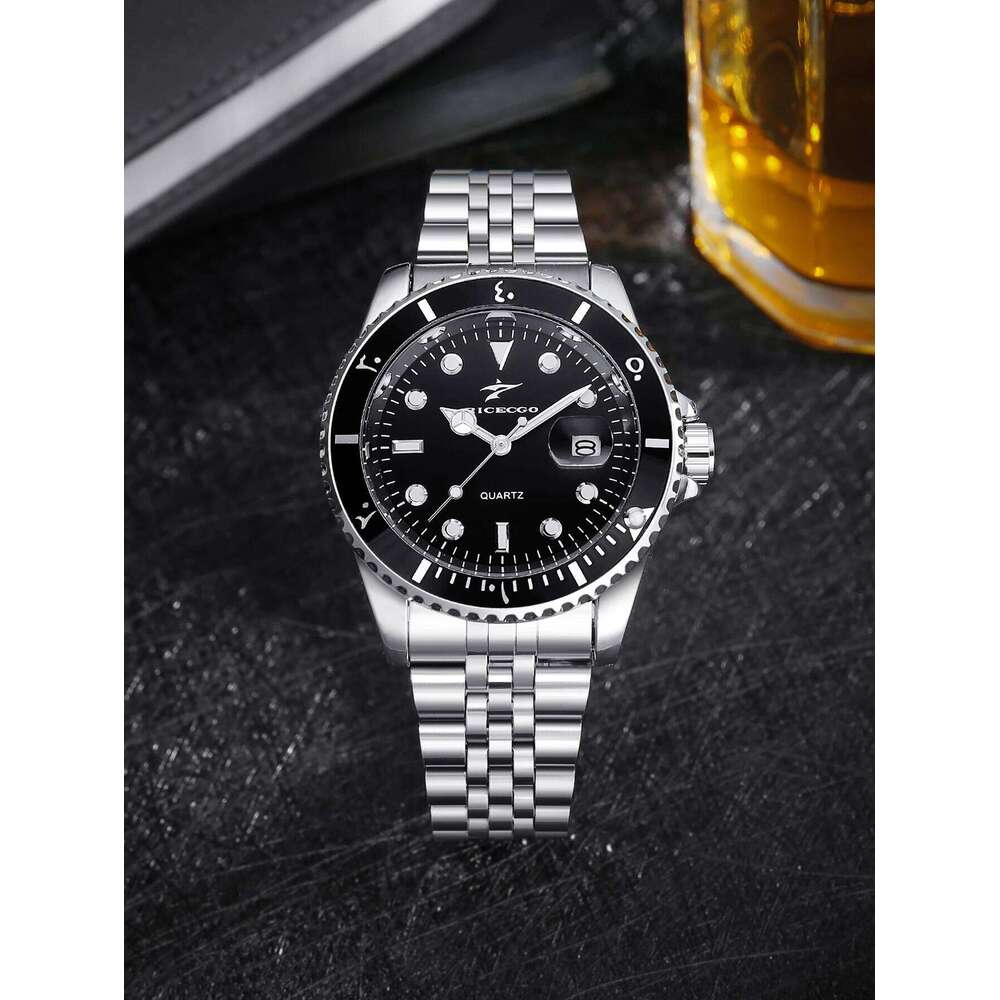 RICECGO Steel Strip Quartz Night Light Hands Sports and Leisure Black Green Disc Calendar Men's Watch 26L0603 - view 4