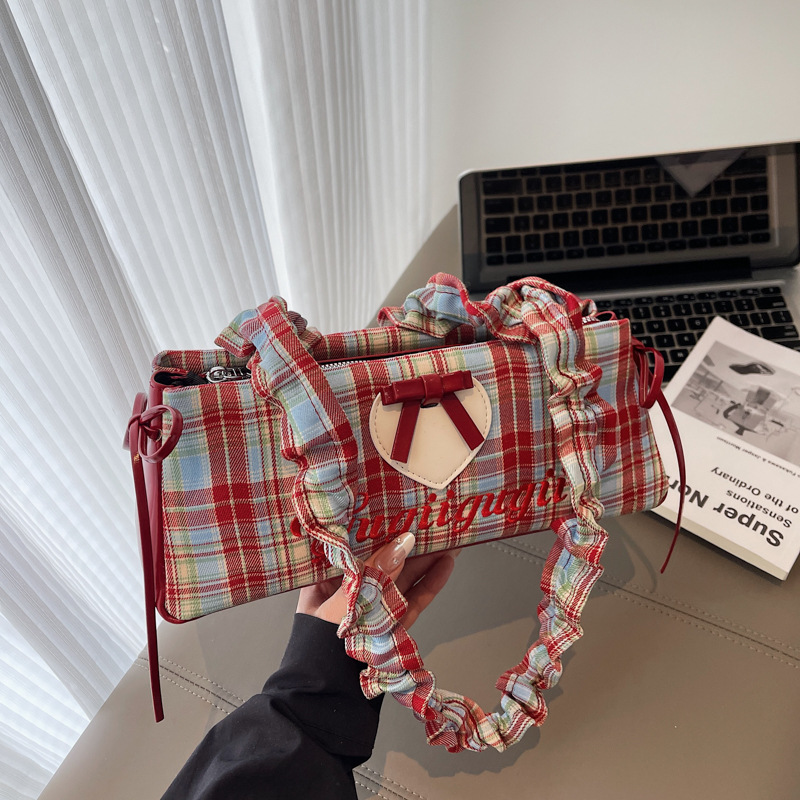 designer 2026 New Popular and Stylish Women's Handbag - Small - niche Checkered Bow - adorned Underarm Bag Dopamine - inspired Ruffled Shoulder B