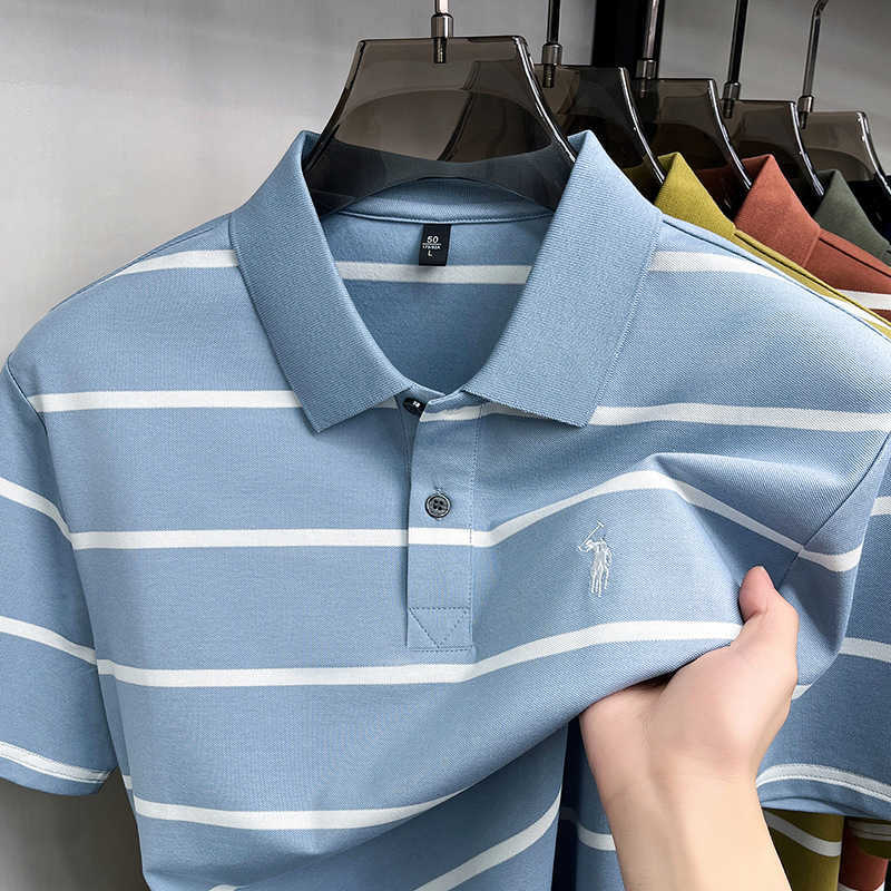 Long-staple cotton yarn-dyed short-sleeve polo shirt for men 2026 summer new style striped with a small horse logo embroidered mens t-shirt