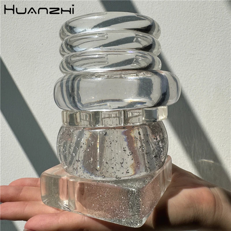 HUANZHI Vintage Transparent Resin Geometric Bangle Asymmetrical Wide Vintage Personalized Clear Bracelet Womens Jewelry Gift260528BJ
