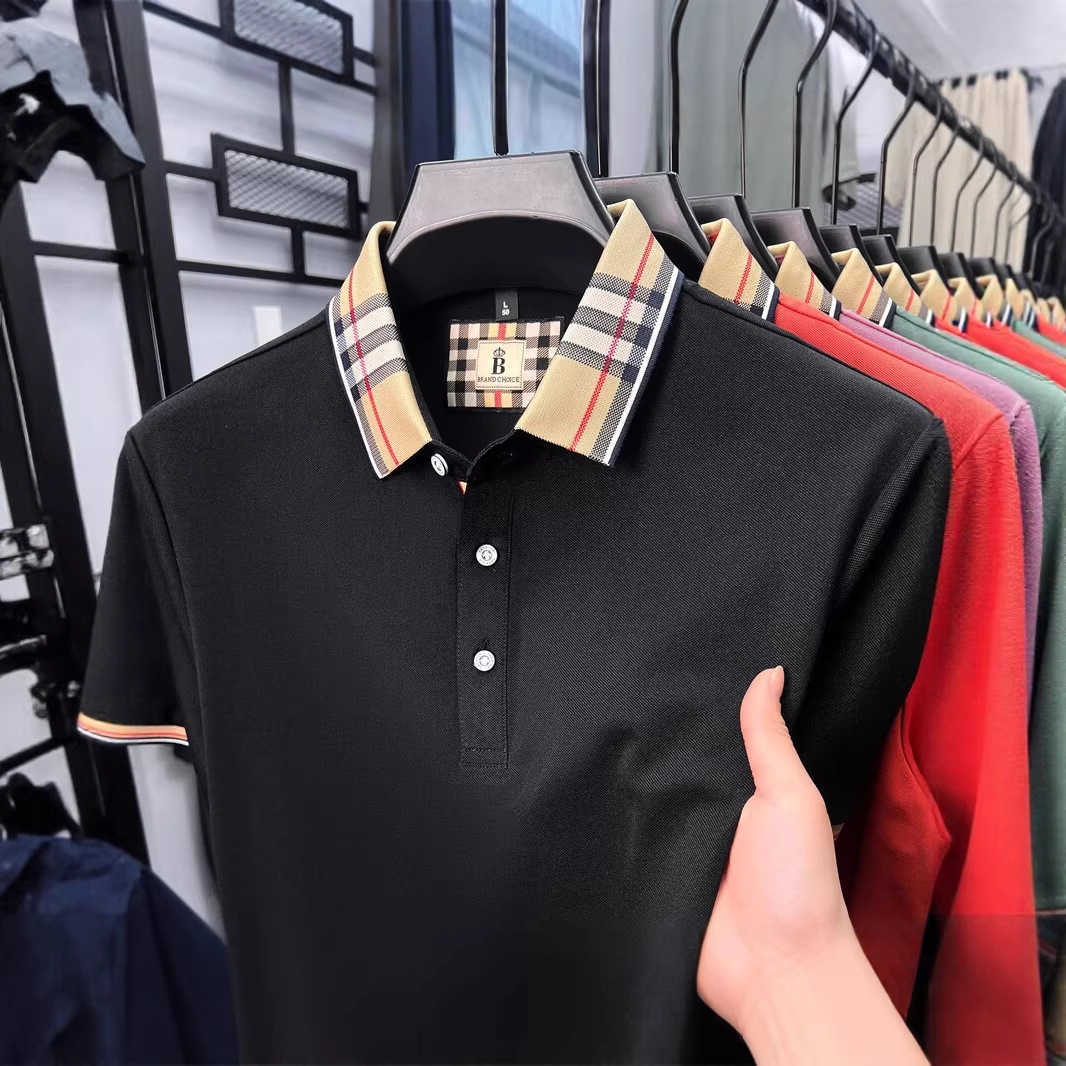 Summer plaid business casual mens polo shirt with a turn-down collar fashionable simple versatile breathable and comfortable top