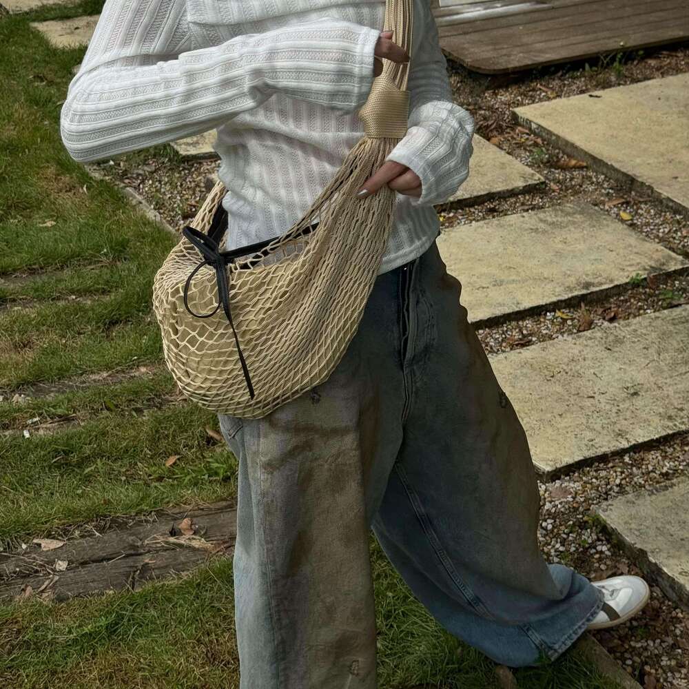Women Woven Crossbody Bag Cowhorn Design Contrast Colors Large Capacity Fisherman Mesh Shoulder Handbag Casual Style SENYY
