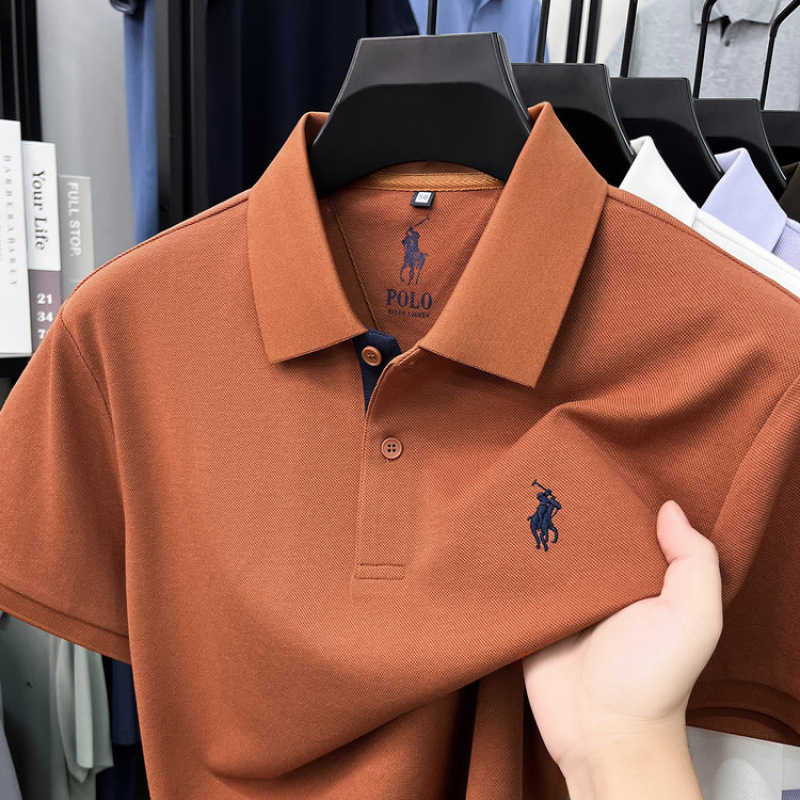 Silk Modal CottonMens Summer Turn-down Collar Polo Shirt with Pony Logo Casual Short Sleeve T-shirt