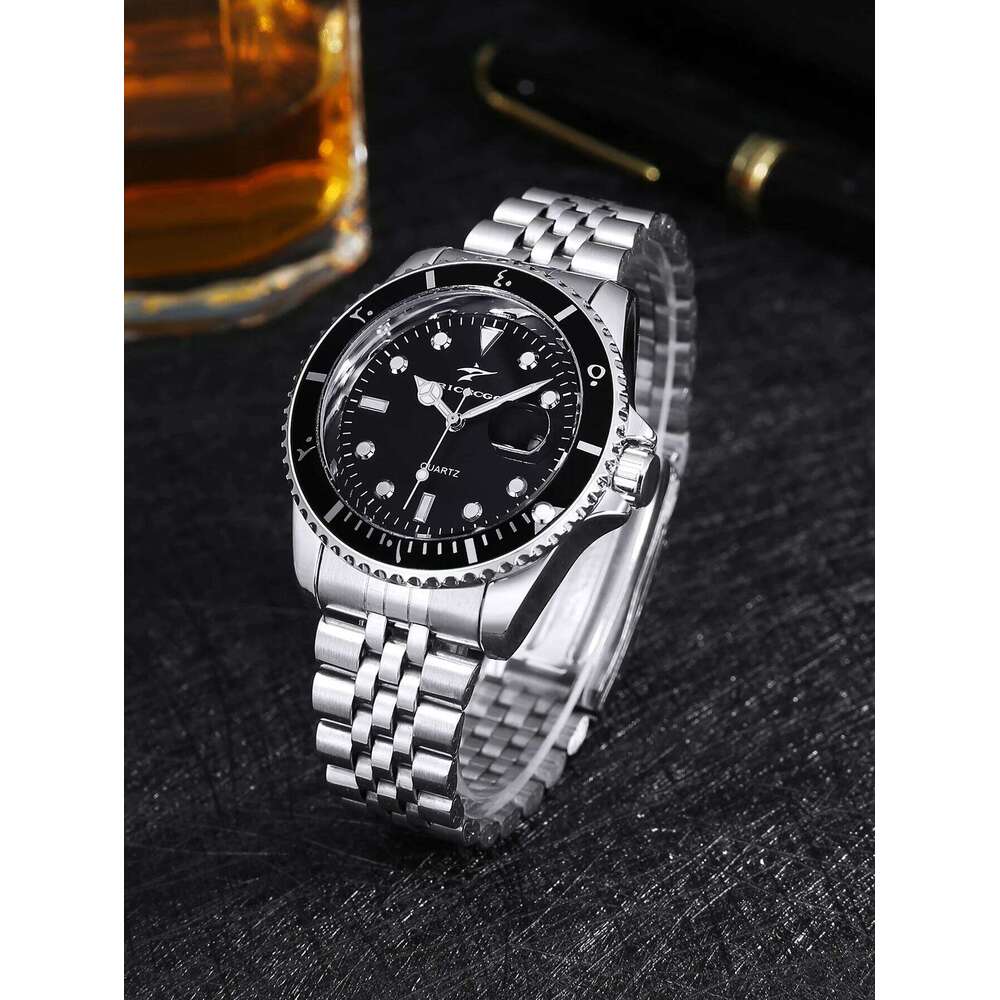 RICECGO Steel Strip Quartz Night Light Hands Sports and Leisure Black Green Disc Calendar Men's Watch 26L0603 - view 3