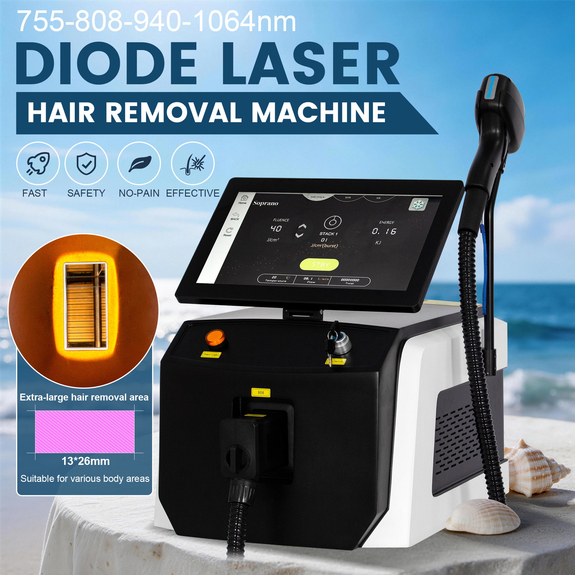 4 Wavelengths Diode Laser Hair Removal System 755nm 808nm 940nm 1064nm High Energy Stack Mode Painless Hair Reducer For Body Legs Face