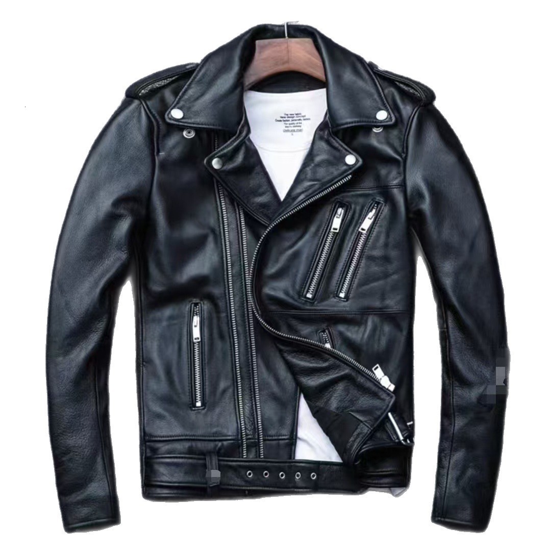 Spring Classical Motorcycle oblique zipper Jackets Men Leather Jacket Natural Calf Skin Thick Slim Cowhide Moto Jacket man 250922