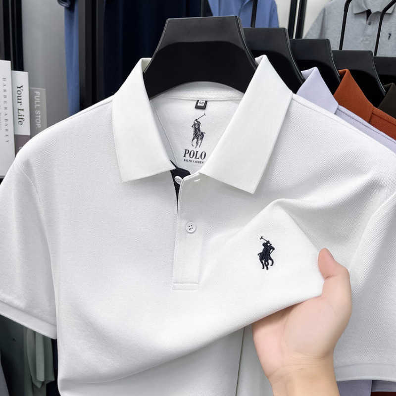 Silk Modal CottonMens Summer Turn-down Collar Polo Shirt with Pony Logo Casual Short Sleeve T-shirt
