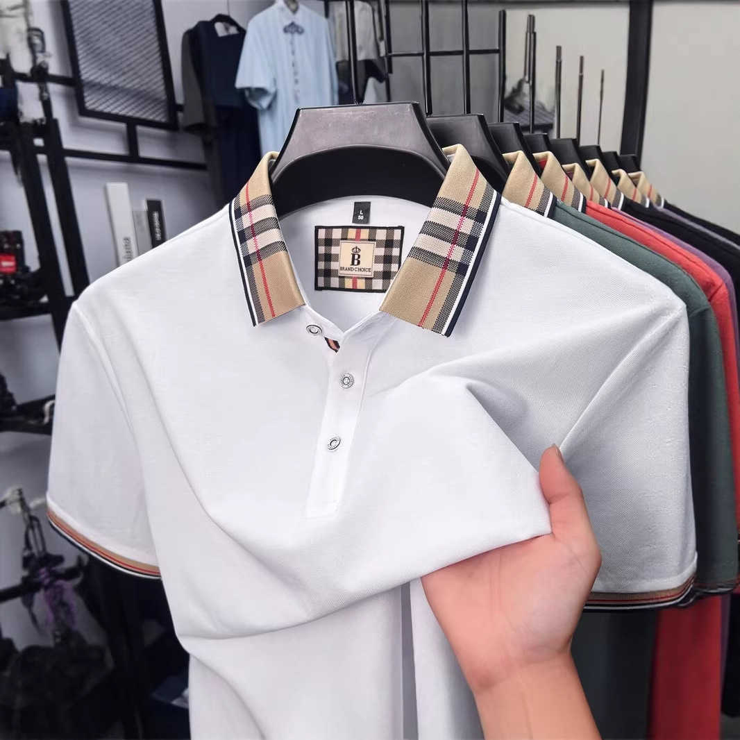 Summer plaid business casual mens polo shirt with a turn-down collar fashionable simple versatile breathable and comfortable top