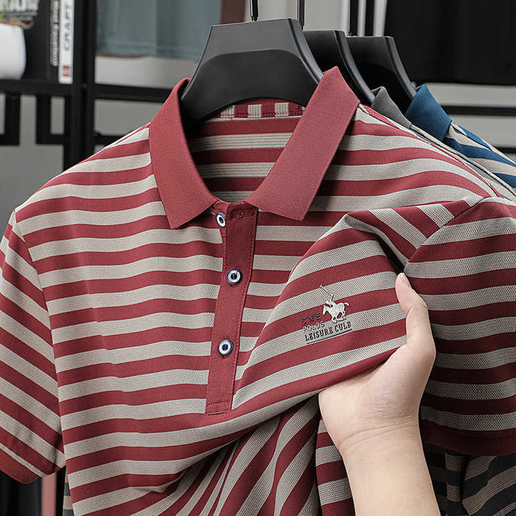 T-shirt Striped POLO Mercerized Cotton Short Sleeve Shirt Turn-down Collar Casual Versatile Business Mens Top