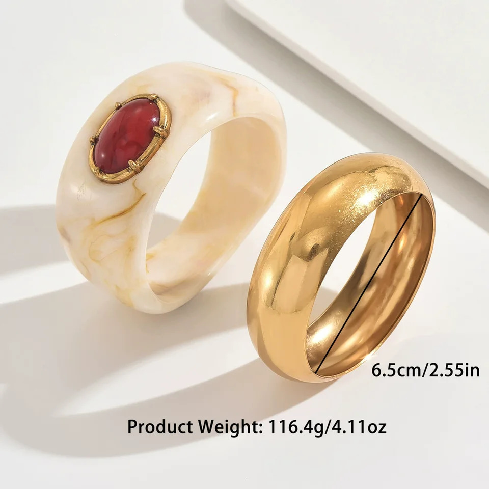 HUANZHI Vintage Red Stone Resin Metal Bracelet Set Exaggerated Stackable Punk Chunky Wide Cuff Bangle Jewelry for Women 260528BJ