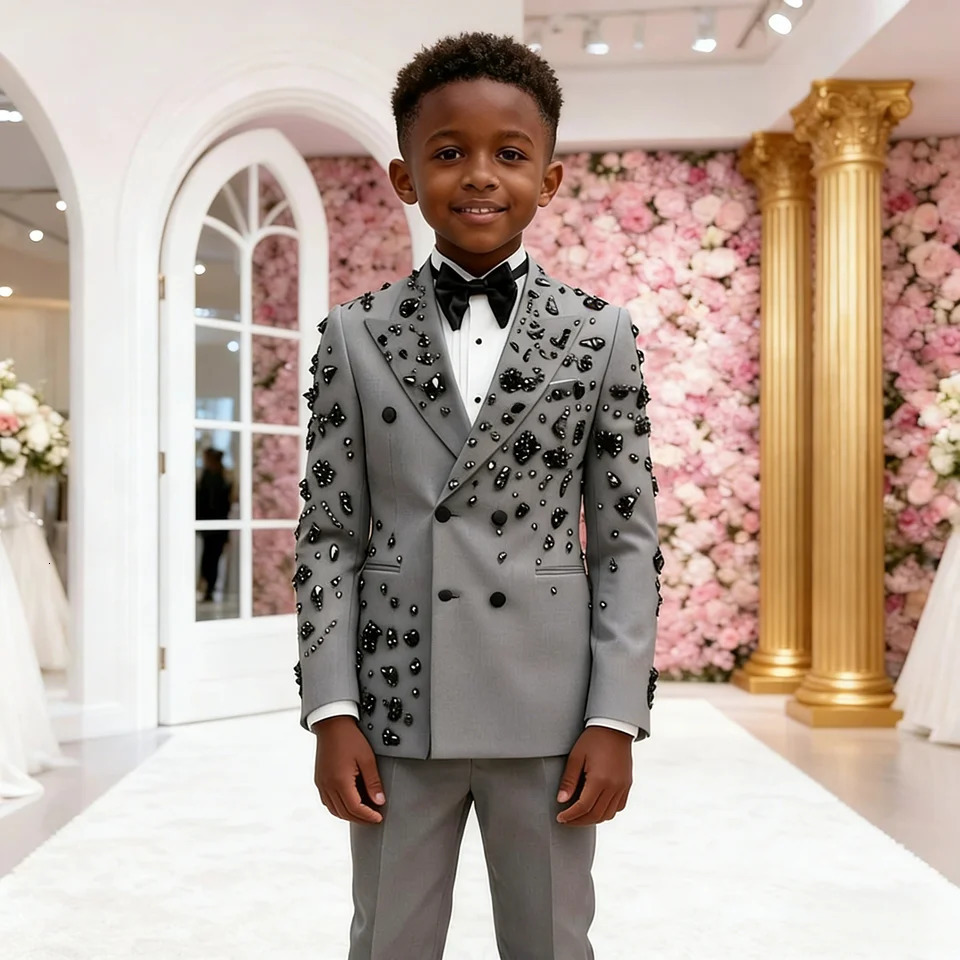 Suits For Boy Black Crystal Beaded Prom Blazers Customized 2 Pieces Double Breasted Kids Formal Party Wedding Tuxedos 260602 - view 3