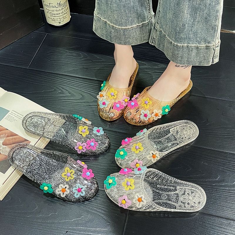 Women Cute 3D Colorful Flower Decor Crystal Glitter Jelly Slide Sandals Closed Toe Transparent Plastic Slippers Summer Outdoor Beach Flip Flops