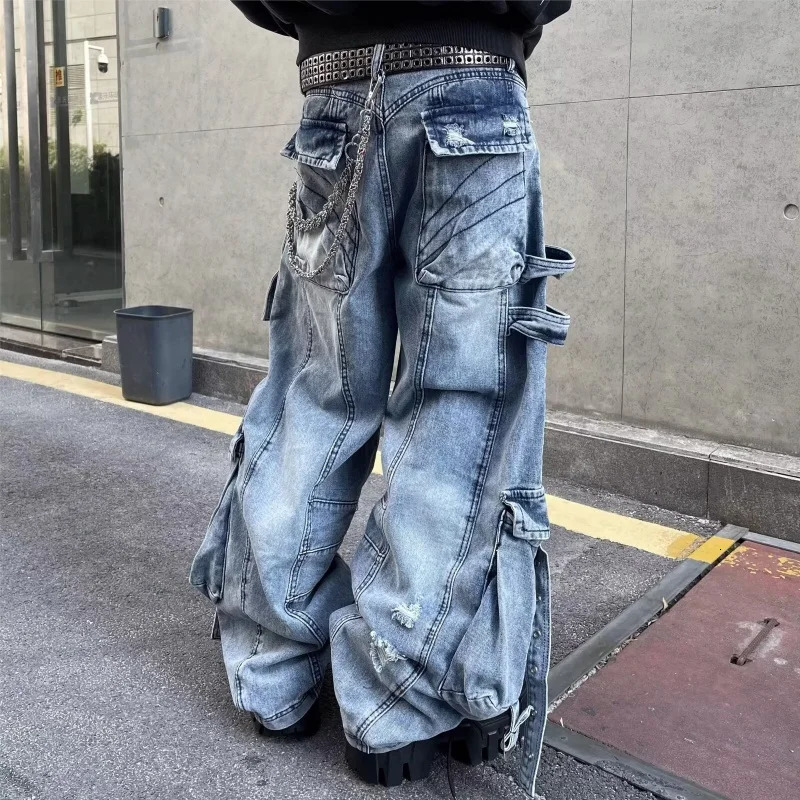 Cyber Y2K Streetwear Washed Blue Baggy Ripped Cargo Jeans Pants For Men Clothing Wide Leg Vintage Loose Punk Denim Trousers 260618CJ - view 3
