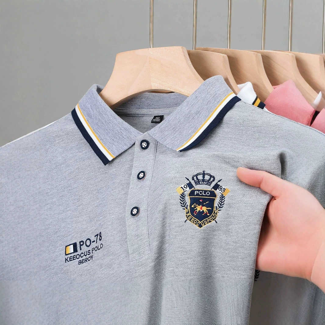 Short-sleeve polo shirt for men embroidered t-shirt summer pique fabric turn-down collar trendy casual top half-sleeve