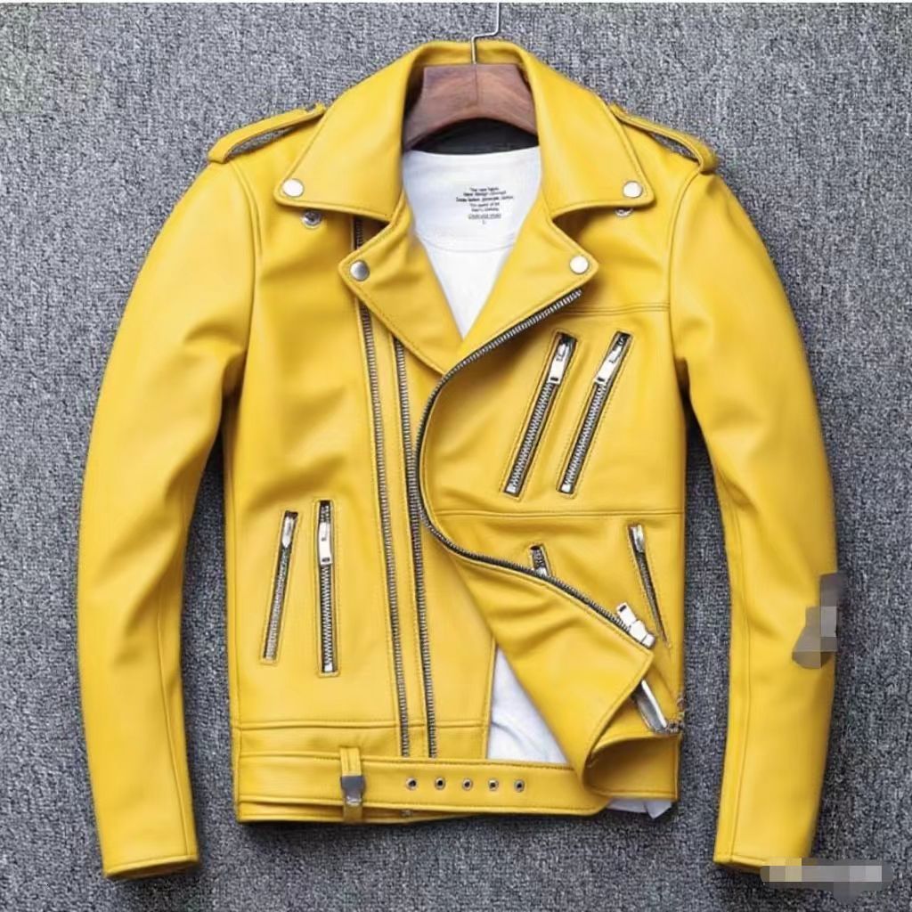 Spring Classical Motorcycle oblique zipper Jackets Men Leather Jacket Natural Calf Skin Thick Slim Cowhide Moto Jacket man 250922