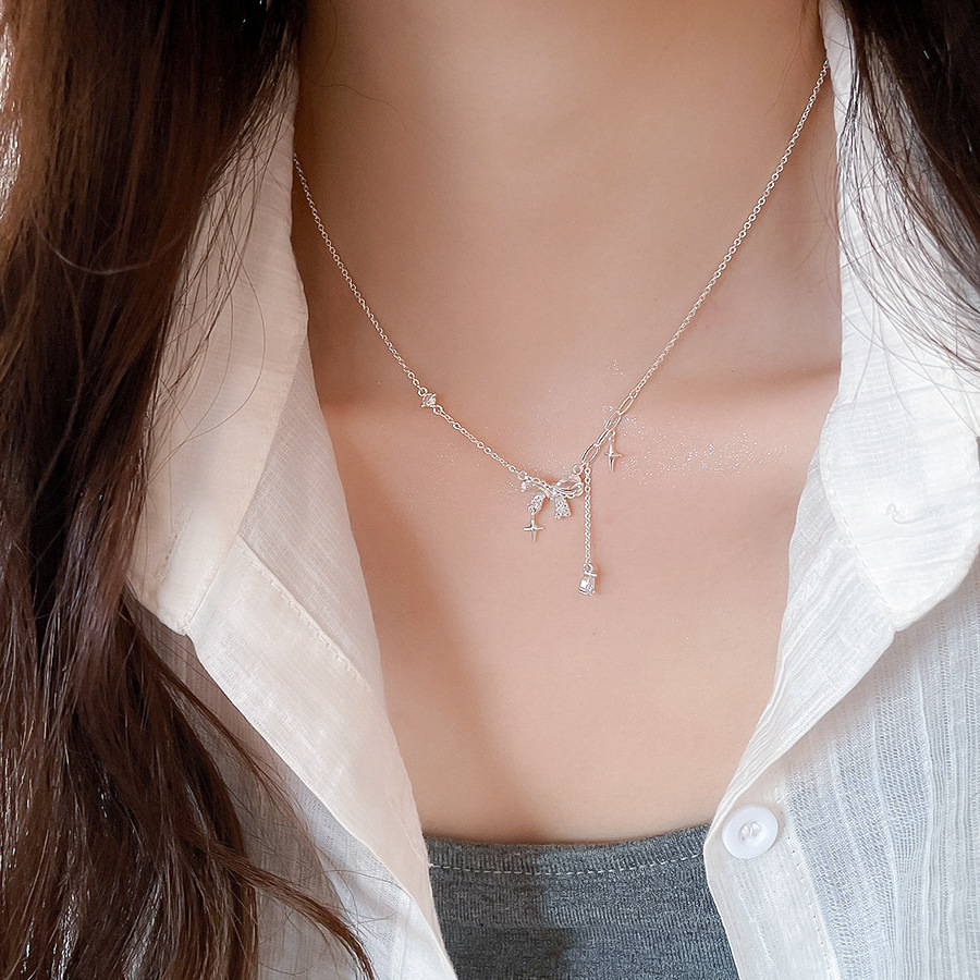 Zircon bow necklace is a light luxury, high-end, gentle collarbone chain with exquisite and versatile design - view 5