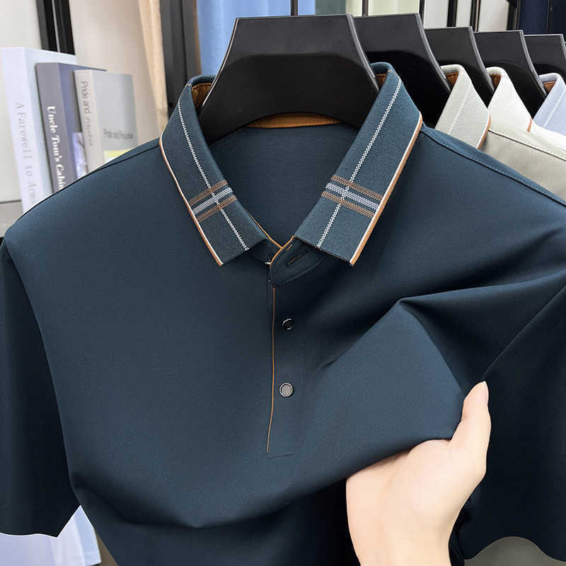 Summer seamless short-sleeve T-shirt new style with mulberry silk collared casual and trendy fashion polo shirt for middle-aged men