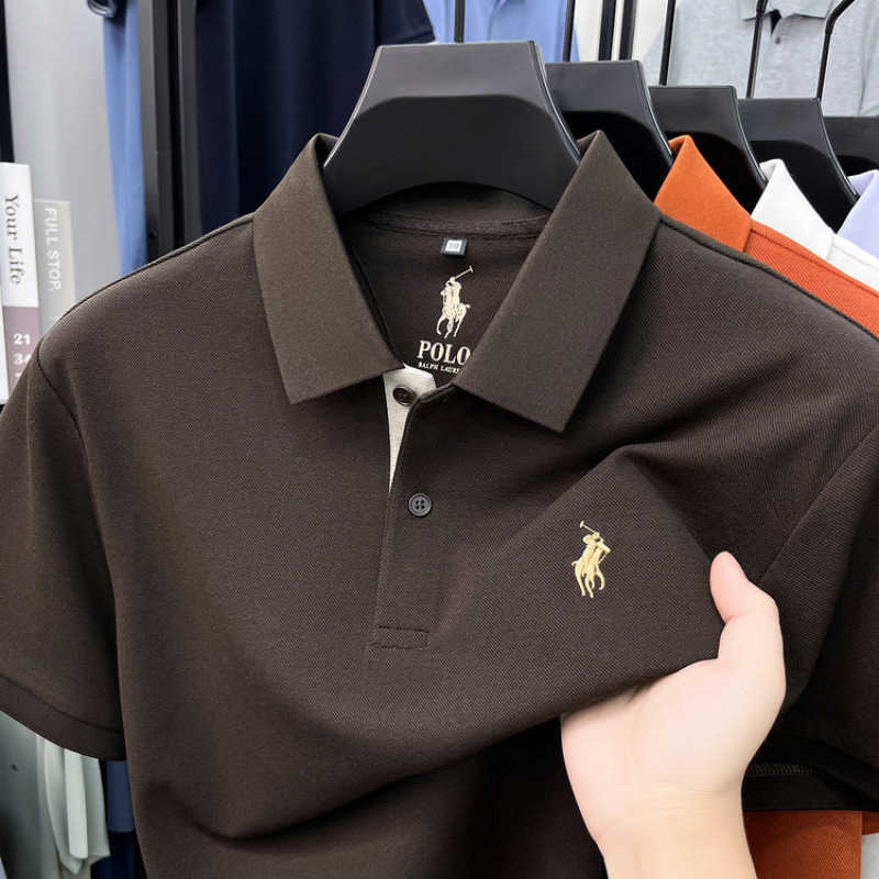 Silk Modal CottonMens Summer Turn-down Collar Polo Shirt with Pony Logo Casual Short Sleeve T-shirt