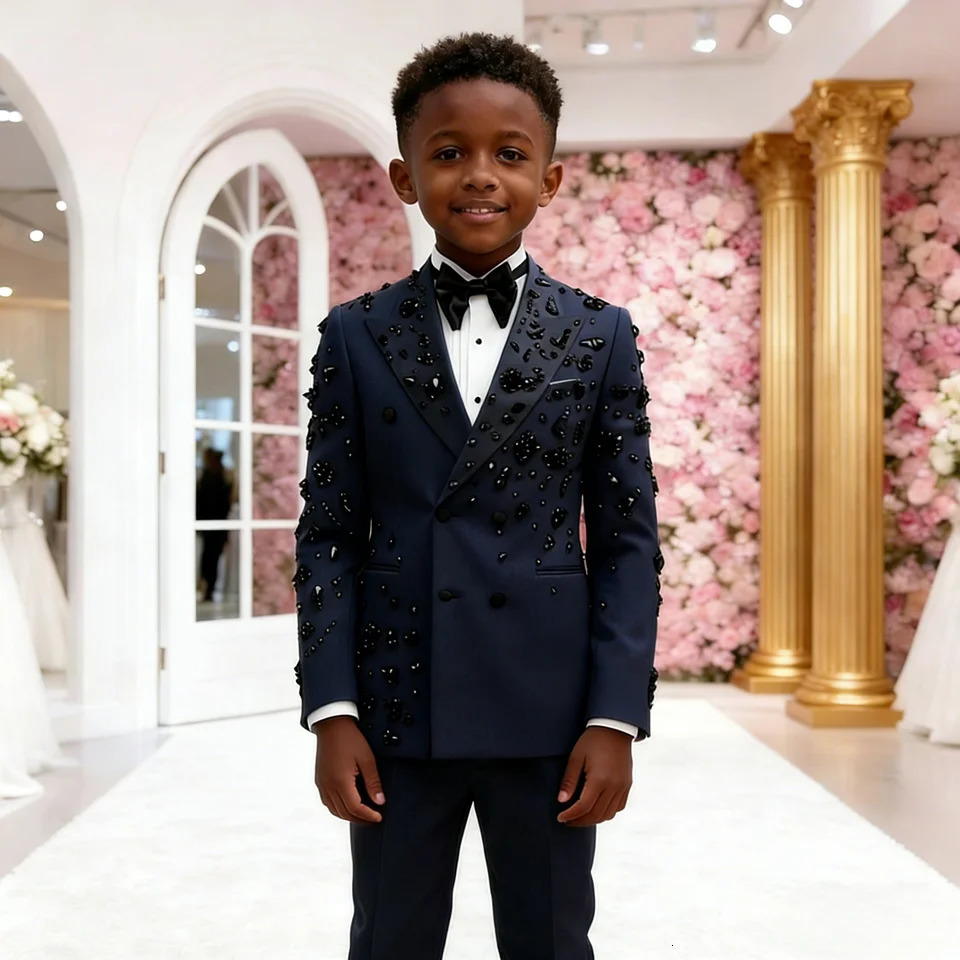 Suits For Boy Black Crystal Beaded Prom Blazers Customized 2 Pieces Double Breasted Kids Formal Party Wedding Tuxedos 260602 - view 5
