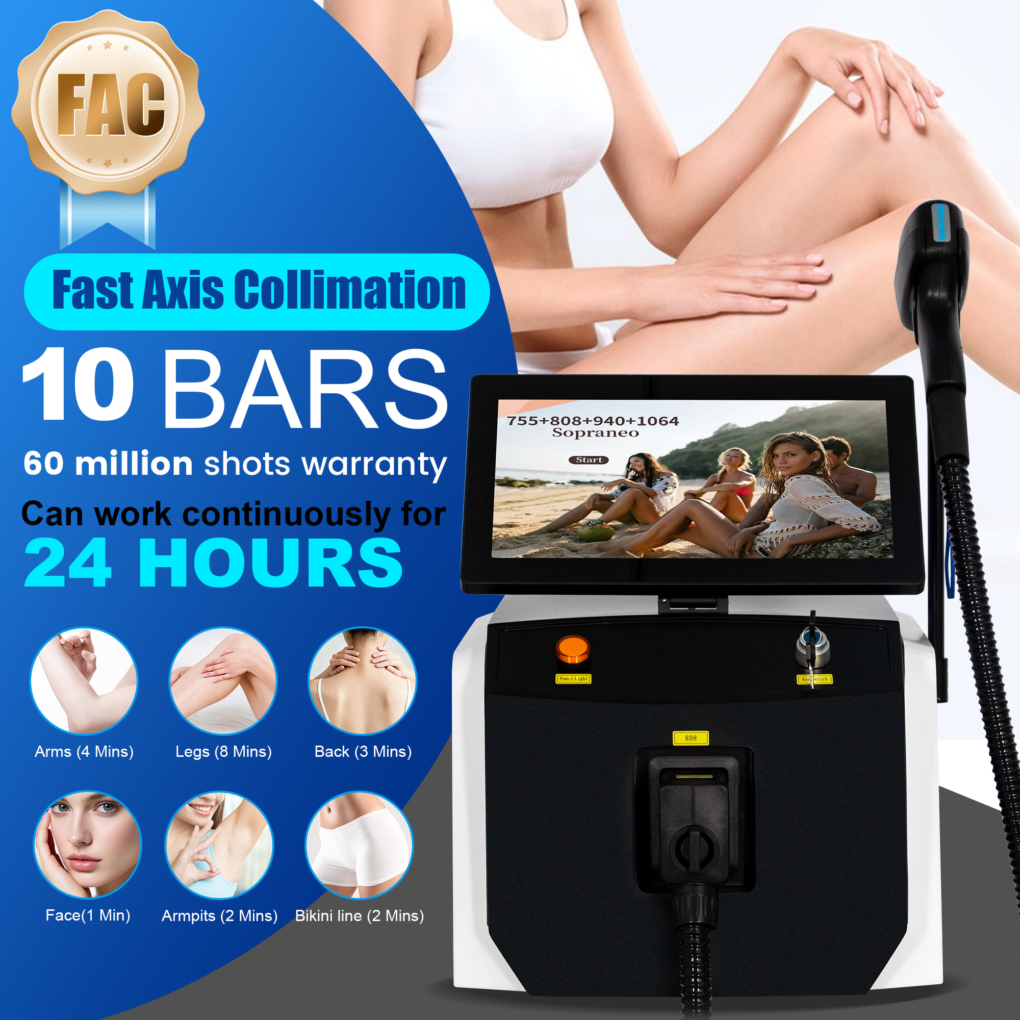 4 Wavelengths Diode Laser Hair Removal System 755nm 808nm 940nm 1064nm High Energy Stack Mode Painless Hair Reducer For Body Legs Face