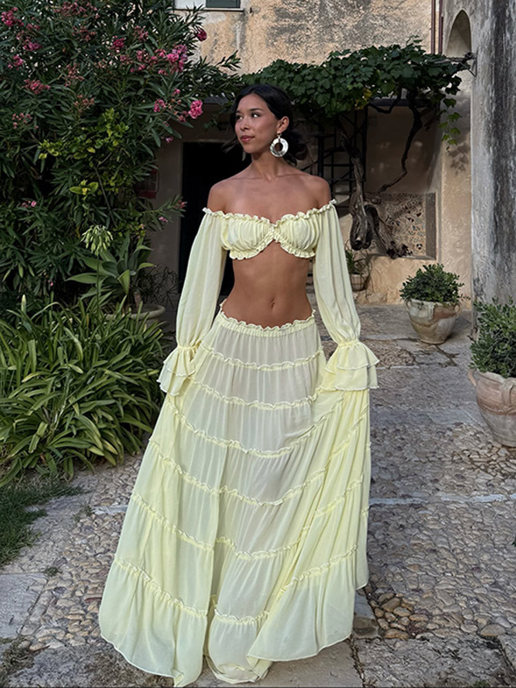Casual Dresses Ruffle Beach Cover Up Women Bandage Long Sleeve Dress High Waist Ups Summer Beachwear Clothing