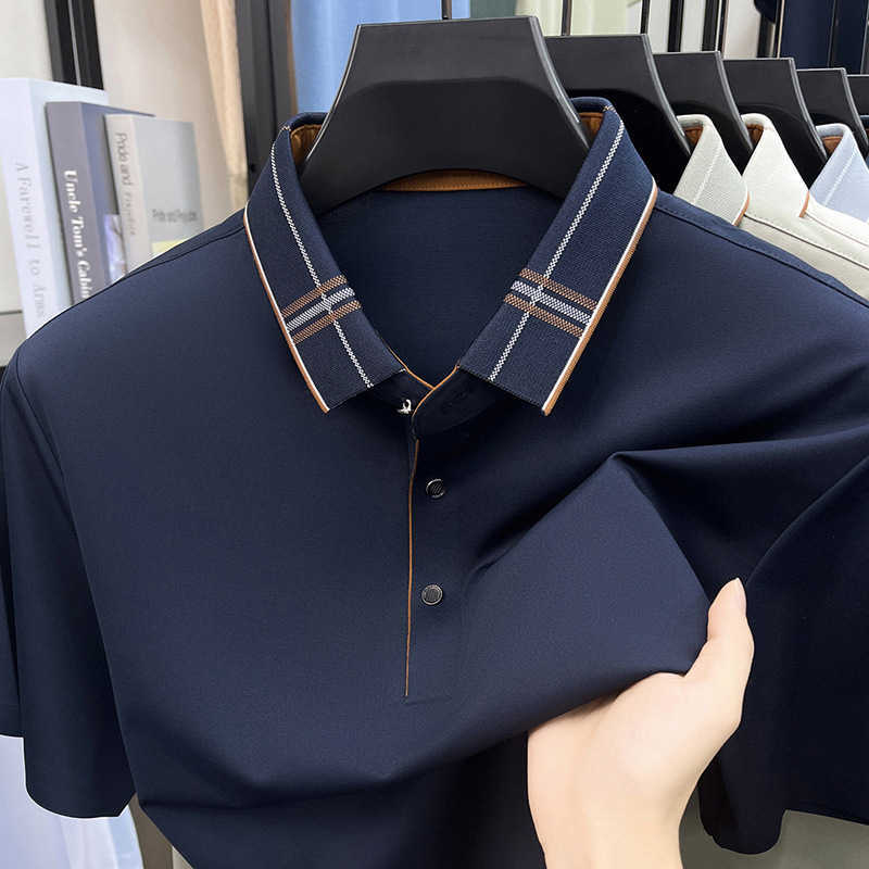 Summer seamless short-sleeve T-shirt new style with mulberry silk collared casual and trendy fashion polo shirt for middle-aged men