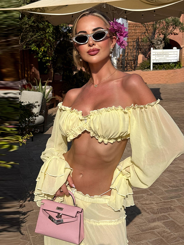 Casual Dresses Ruffle Beach Cover Up Women Bandage Long Sleeve Dress High Waist Ups Summer Beachwear Clothing