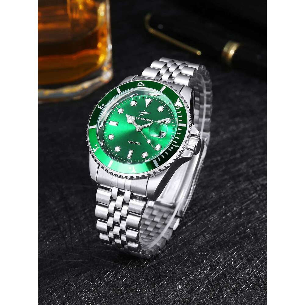 RICECGO Steel Strip Quartz Night Light Hands Sports and Leisure Black Green Disc Calendar Men's Watch 26L0603 - view 6