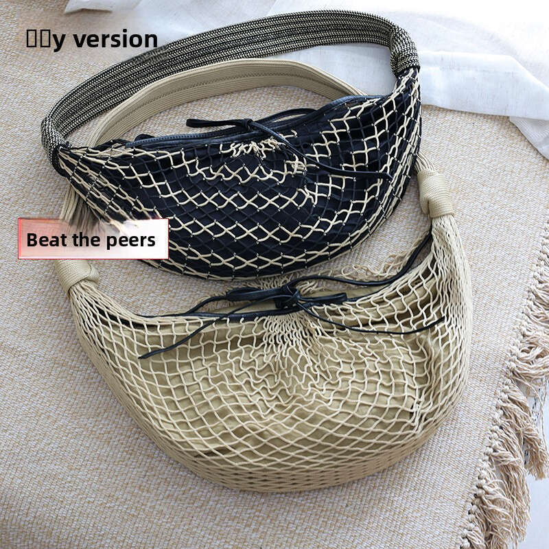 Women Woven Crossbody Bag Cowhorn Design Contrast Colors Large Capacity Fisherman Mesh Shoulder Handbag Casual Style SENYY