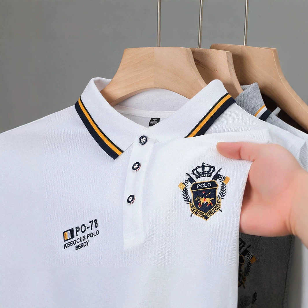 Short-sleeve polo shirt for men embroidered t-shirt summer pique fabric turn-down collar trendy casual top half-sleeve