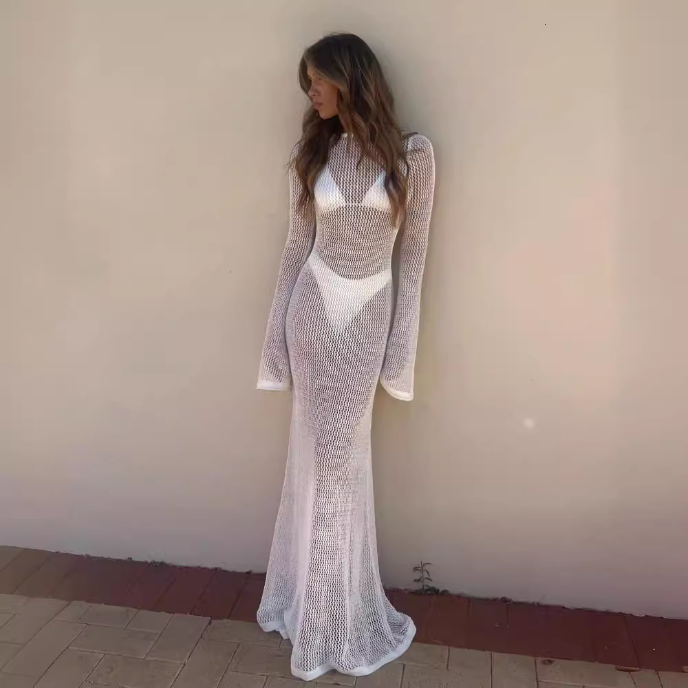 Womens summer new knitted long sleeved backless sexy perspective floor long dress 250313