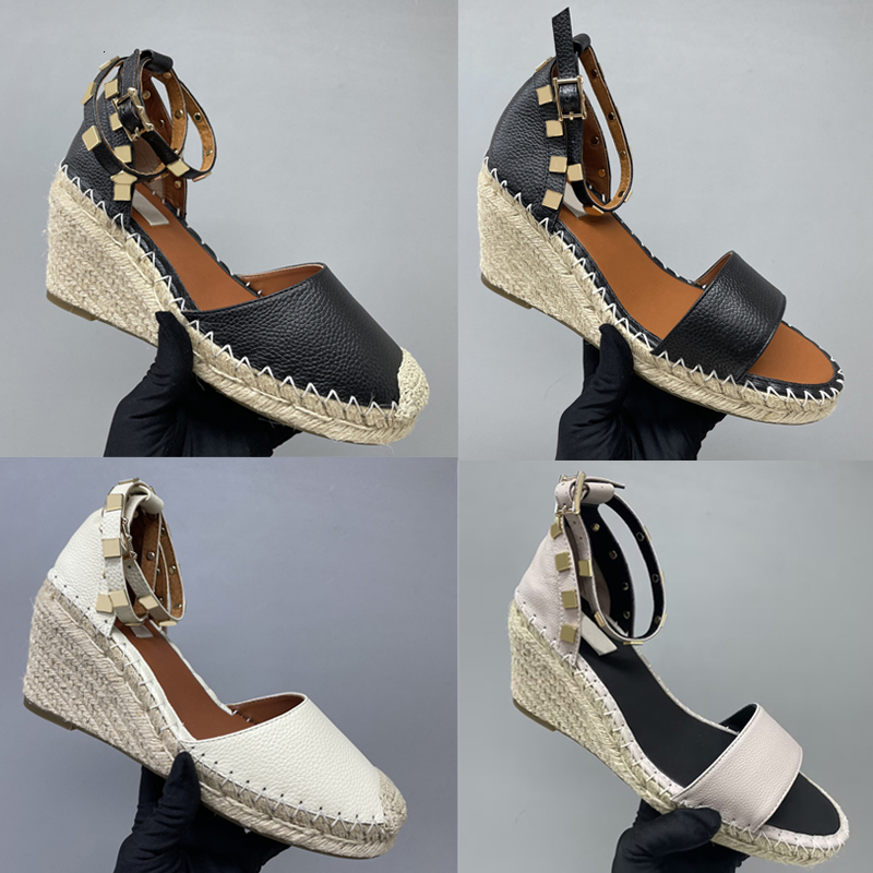 designer wedges heels sandals espadrilles shoes leather heel wedding dress shoes women black 10.5 cm heel adjustable buckle no box 873
