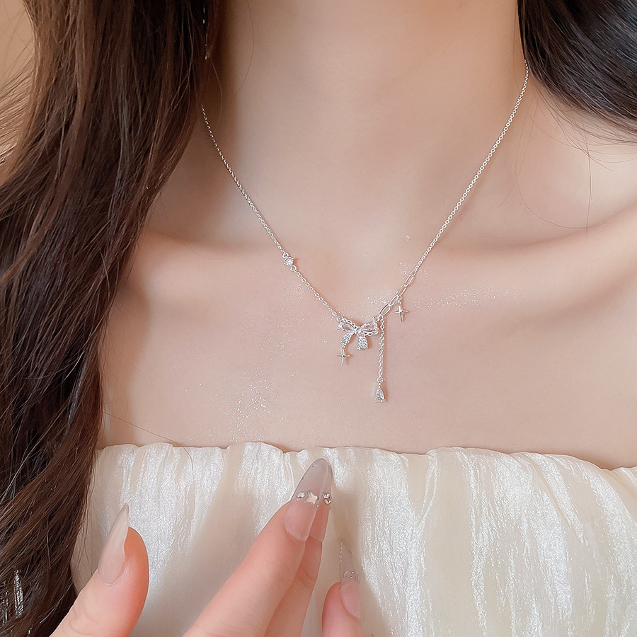 Zircon bow necklace is a light luxury, high-end, gentle collarbone chain with exquisite and versatile design - view 4