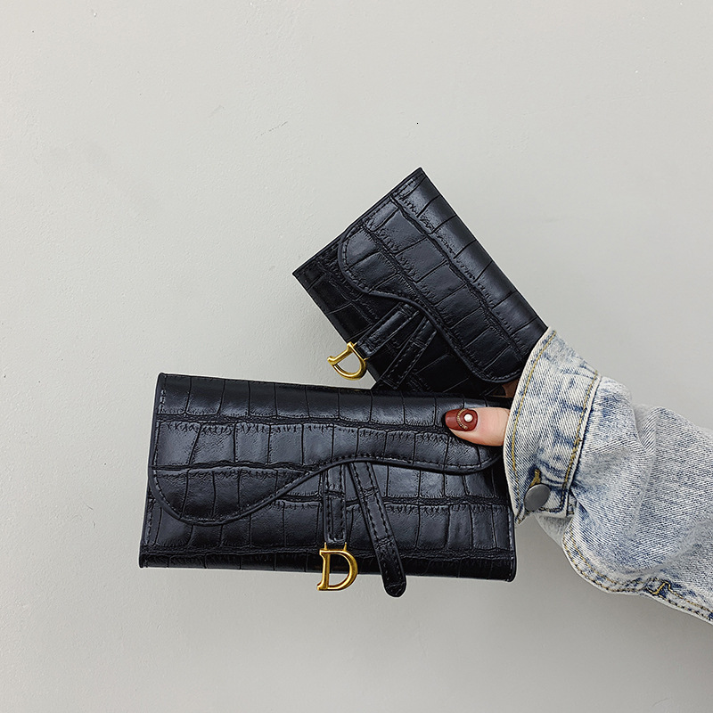 Black Croc Embossed Leather Wallet Two Size Option Gold Metal Buckle Foldable Multi Card Slot Ladies Daily Purse