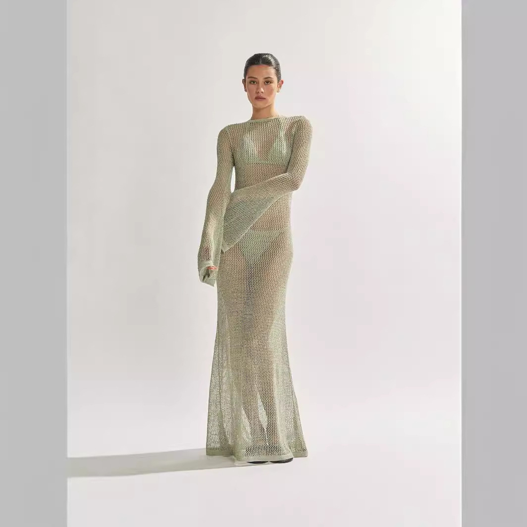 Womens summer new knitted long sleeved backless sexy perspective floor long dress 250313