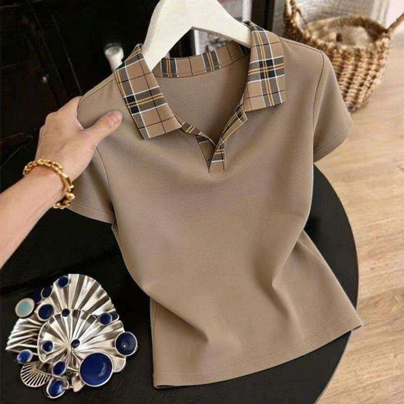 Casual Summer Ladies Short Sleeve T-Shirt Loose Fit Plaid Collar Top Trendy Commute Daily Wear Polyester Fiber Comfortable - view 5