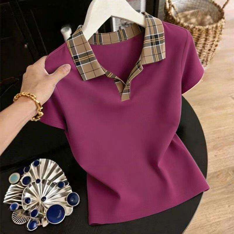 Casual Summer Ladies Short Sleeve T-Shirt Loose Fit Plaid Collar Top Trendy Commute Daily Wear Polyester Fiber Comfortable - view 4