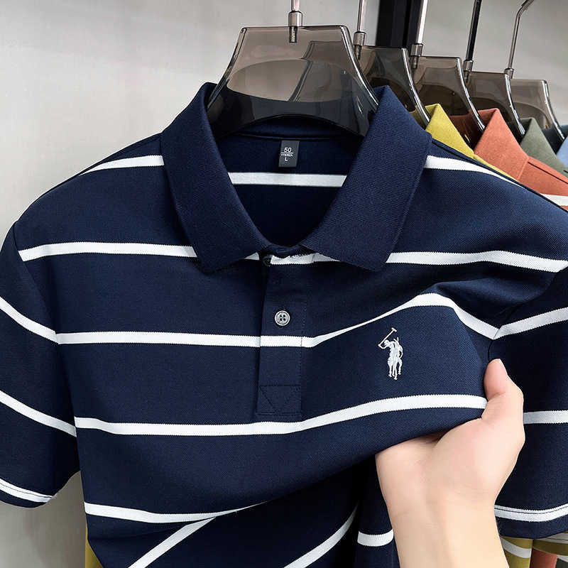 Long-staple cotton yarn-dyed short-sleeve polo shirt for men 2026 summer new style striped with a small horse logo embroidered mens t-shirt