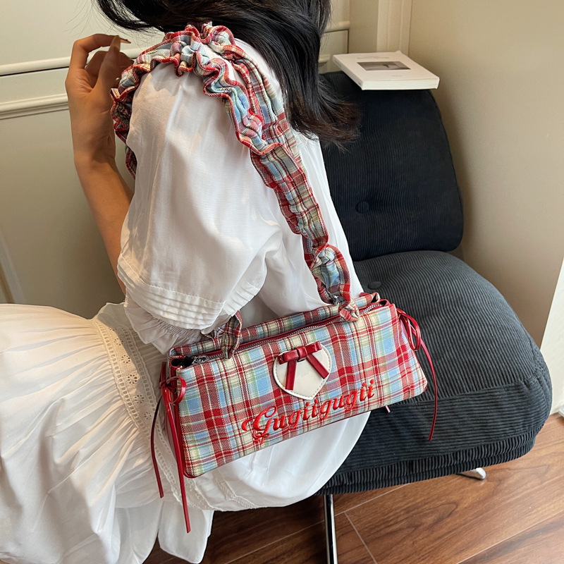 designer 2026 New Popular and Stylish Women's Handbag - Small - niche Checkered Bow - adorned Underarm Bag Dopamine - inspired Ruffled Shoulder B