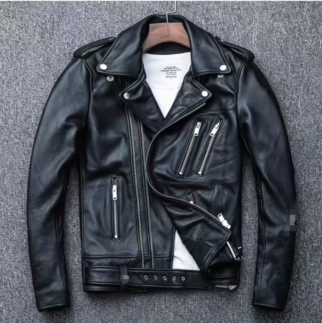 Spring Classical Motorcycle oblique zipper Jackets Men Leather Jacket Natural Calf Skin Thick Slim Cowhide Moto Jacket man 250922