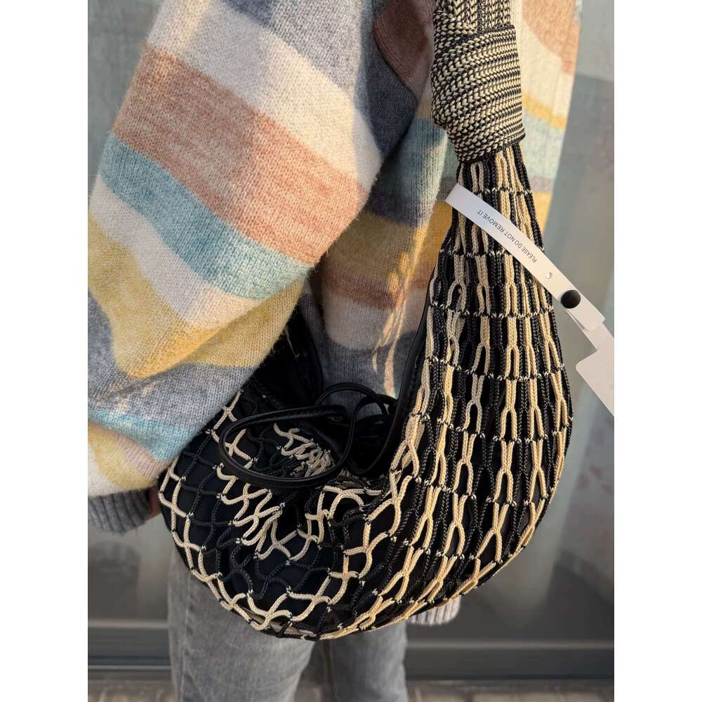 Women Woven Crossbody Bag Cowhorn Design Contrast Colors Large Capacity Fisherman Mesh Shoulder Handbag Casual Style SENYY