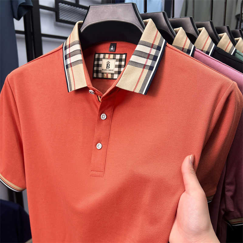 Summer plaid business casual mens polo shirt with a turn-down collar fashionable simple versatile breathable and comfortable top