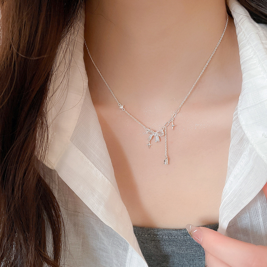 Zircon bow necklace is a light luxury, high-end, gentle collarbone chain with exquisite and versatile design - view 7